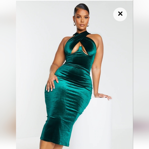 Plus Emerald Green Velvet Underwired Cross Front Midi Dress - Picture 2 of 6